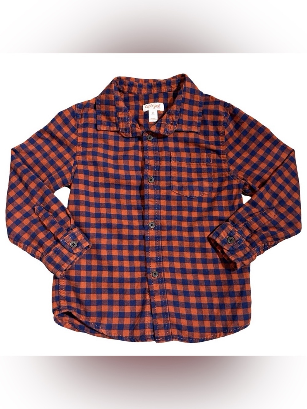 Cat & Jack 5T Boys Orange Blue gingham plaid button down long sleeve shirt